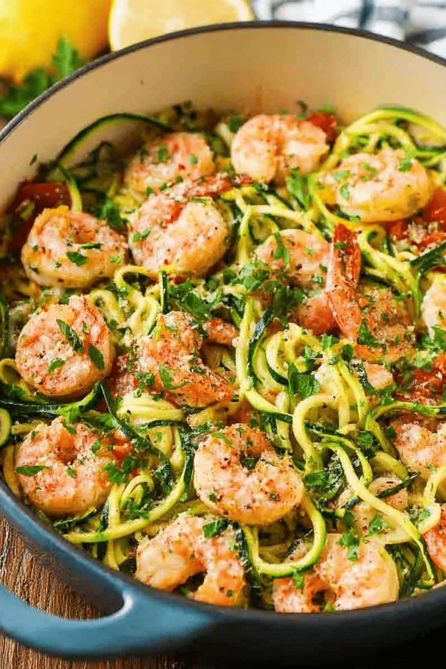 Healthy shrimp scampi with zucchini noodles served in a bowl, garnished with parsley and lemon.