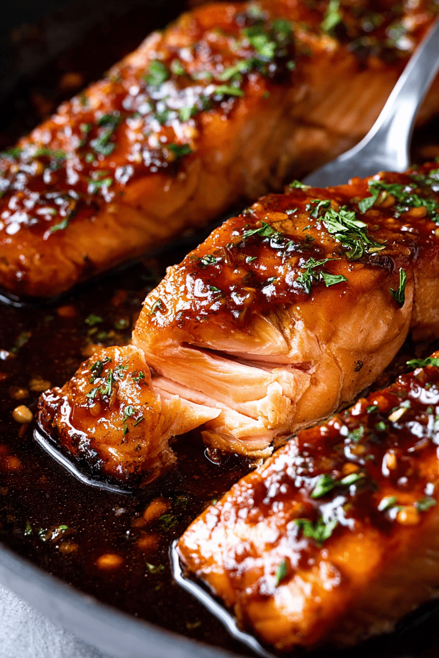 Honey garlic glazed salmon filet on a plate with asparagus and lemon, garnished with parsley.