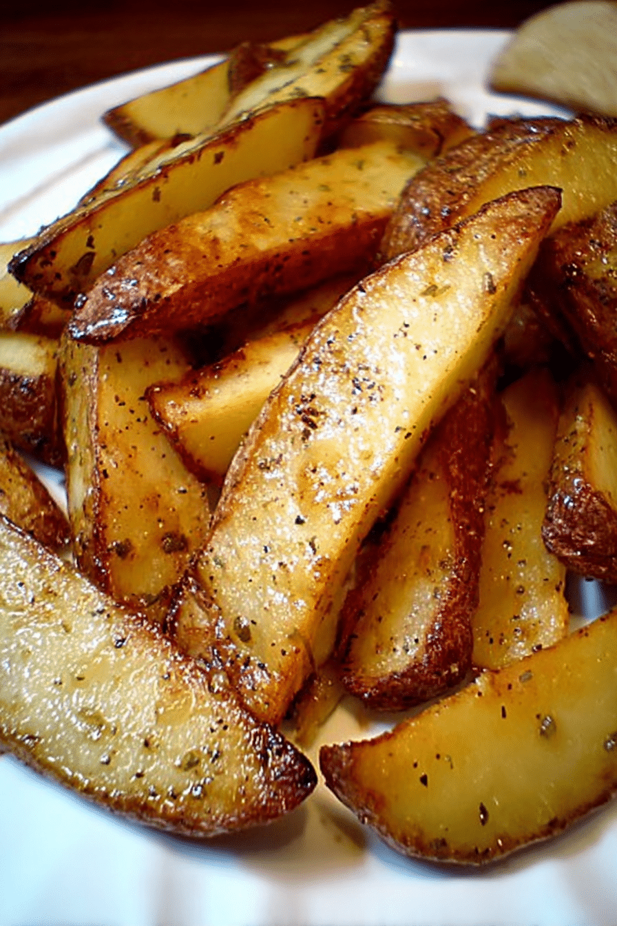 Crispy golden honey mustard wedges on a wooden platter garnished with fresh herbs and served with honey mustard dip.