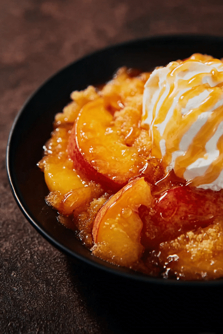 Slice of Hot Honey Peaches and Cream Dump Cake topped with vanilla ice cream and Hot Honey Squeeze Sauce on a rustic table.
