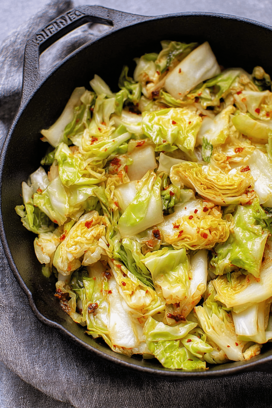 Sautéed Japanese cabbage with soy sauce and mirin in a traditional dish, garnished with sesame seeds and chives.