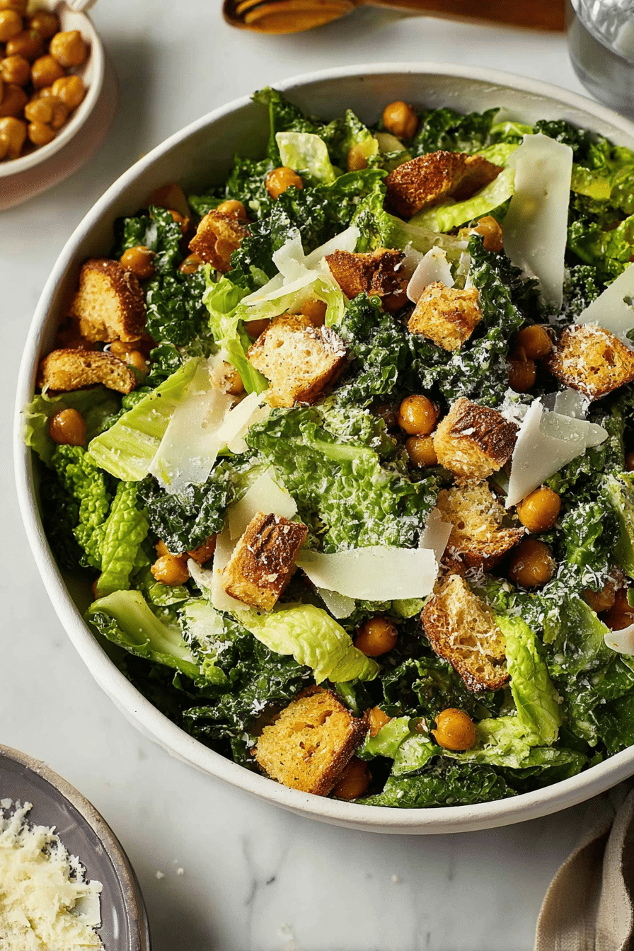 Delicious kale Caesar salad with croutons, Parmesan, and avocado in a wooden bowl