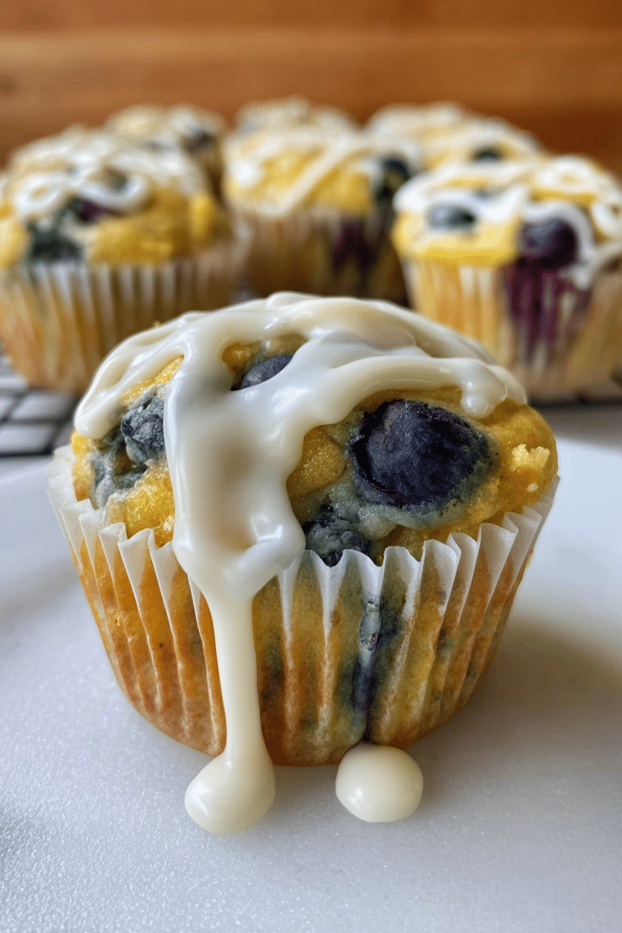 Delicious lemon blueberry cupcakes with blueberries and lemon slices on top.