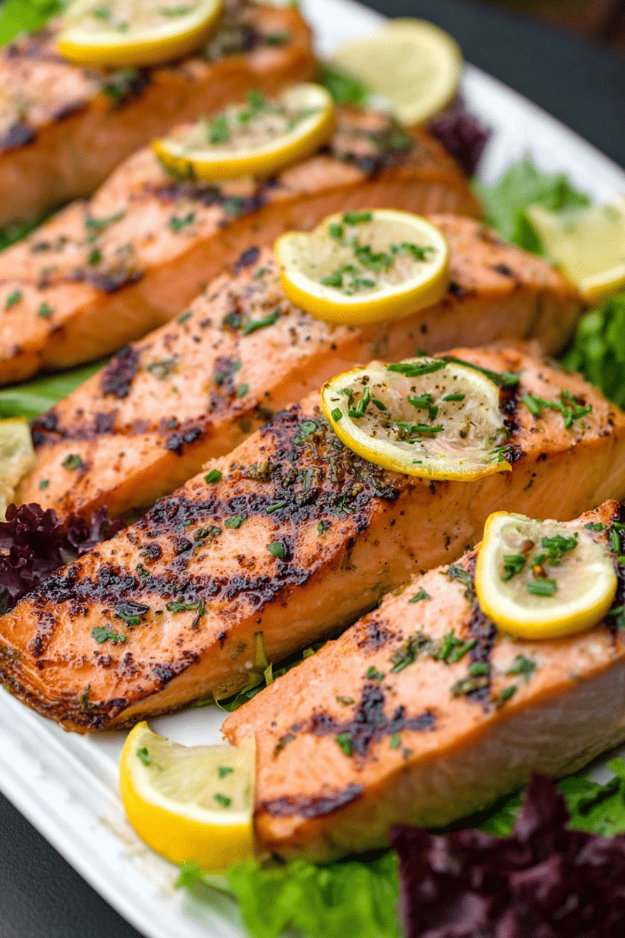 Lemon garlic herb grilled salmon fillets with parsley and lemon slices on a cutting board.
