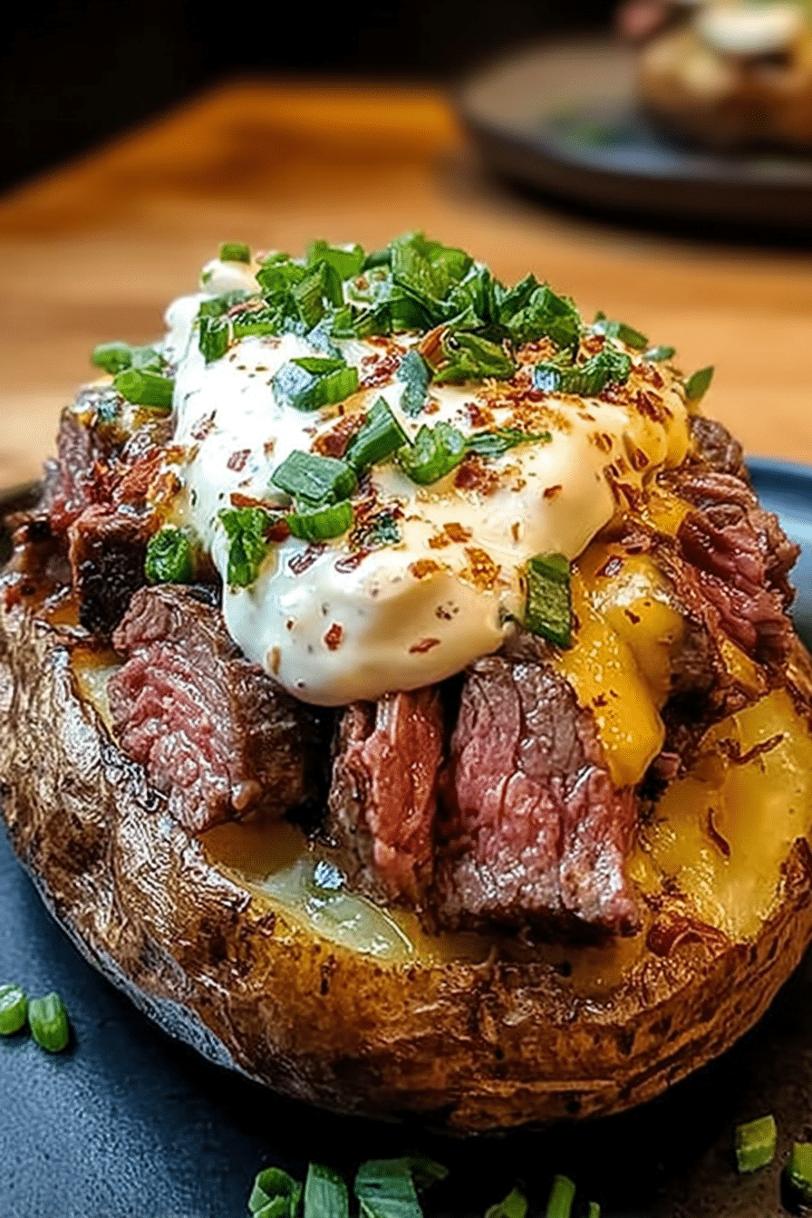 Delicious loaded steak potatoes garnished with creamy sauce, parsley, and lemon on a wooden table.