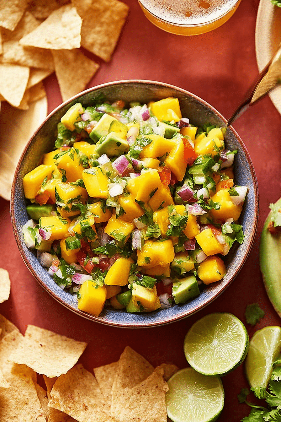 A vibrant bowl of mango avocado salsa with tortilla chips, showcasing colorful mango and avocado chunks.