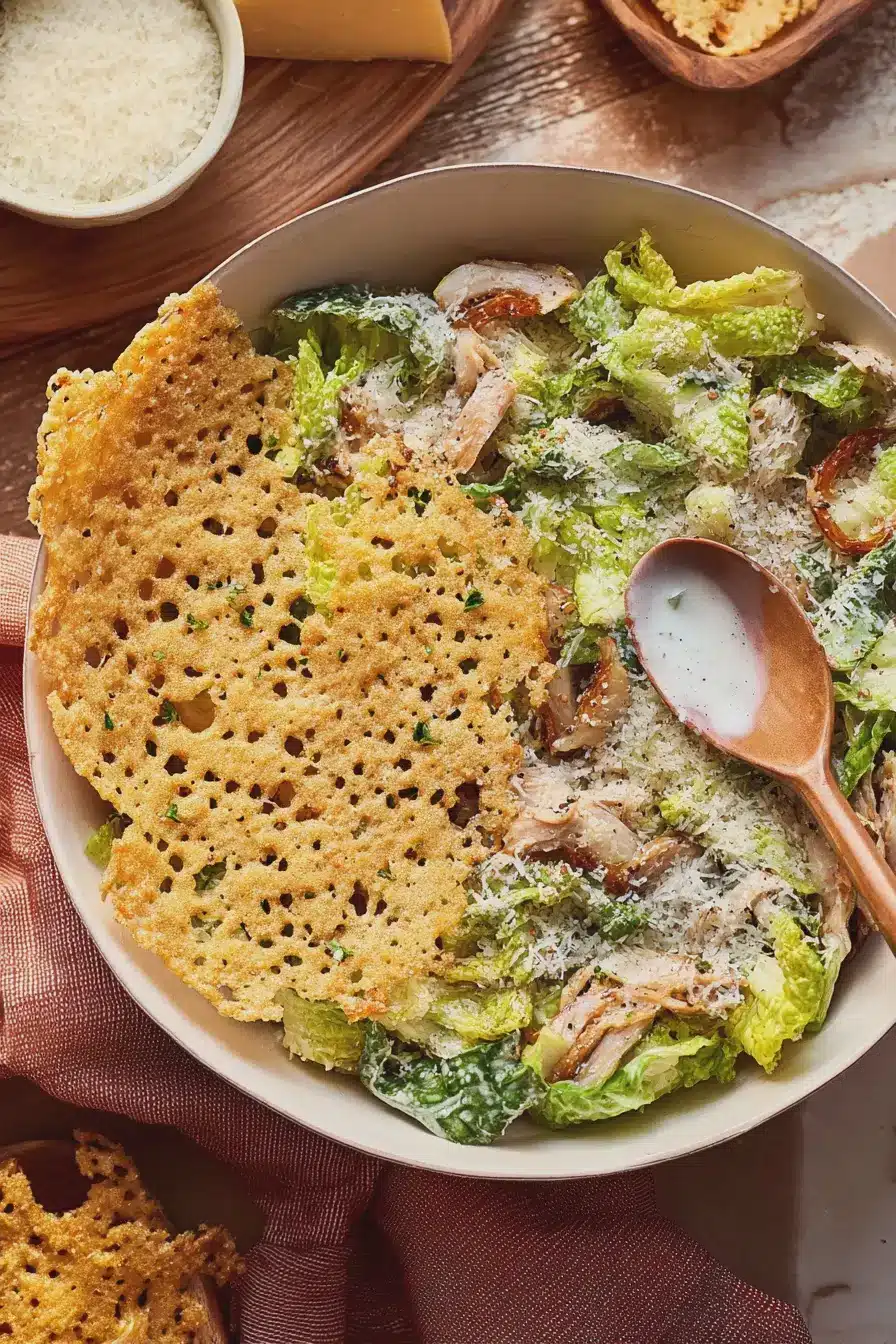 Micro chop caesar salad with giant parmesan crisp on a rustic wooden table surrounded by fresh romaine lettuce and cheese.