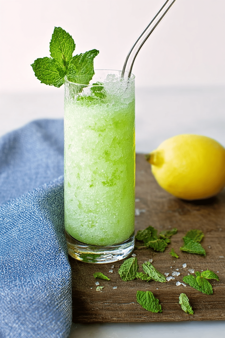 Refreshing mint lemonade slushie with mint leaves and lemon slice