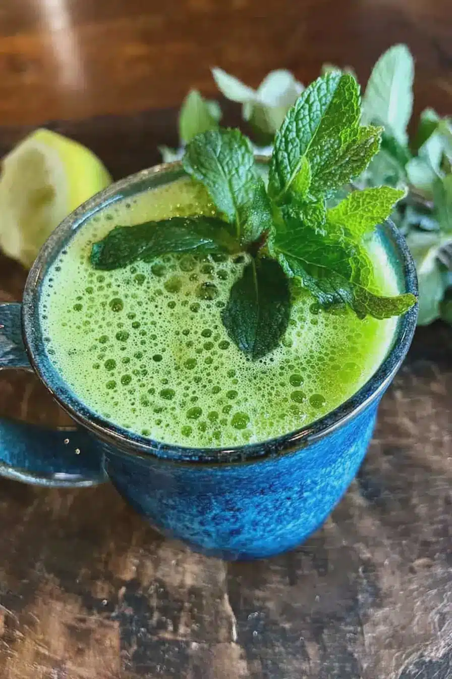Mint matcha latte garnished with fresh mint leaves on a wooden table
