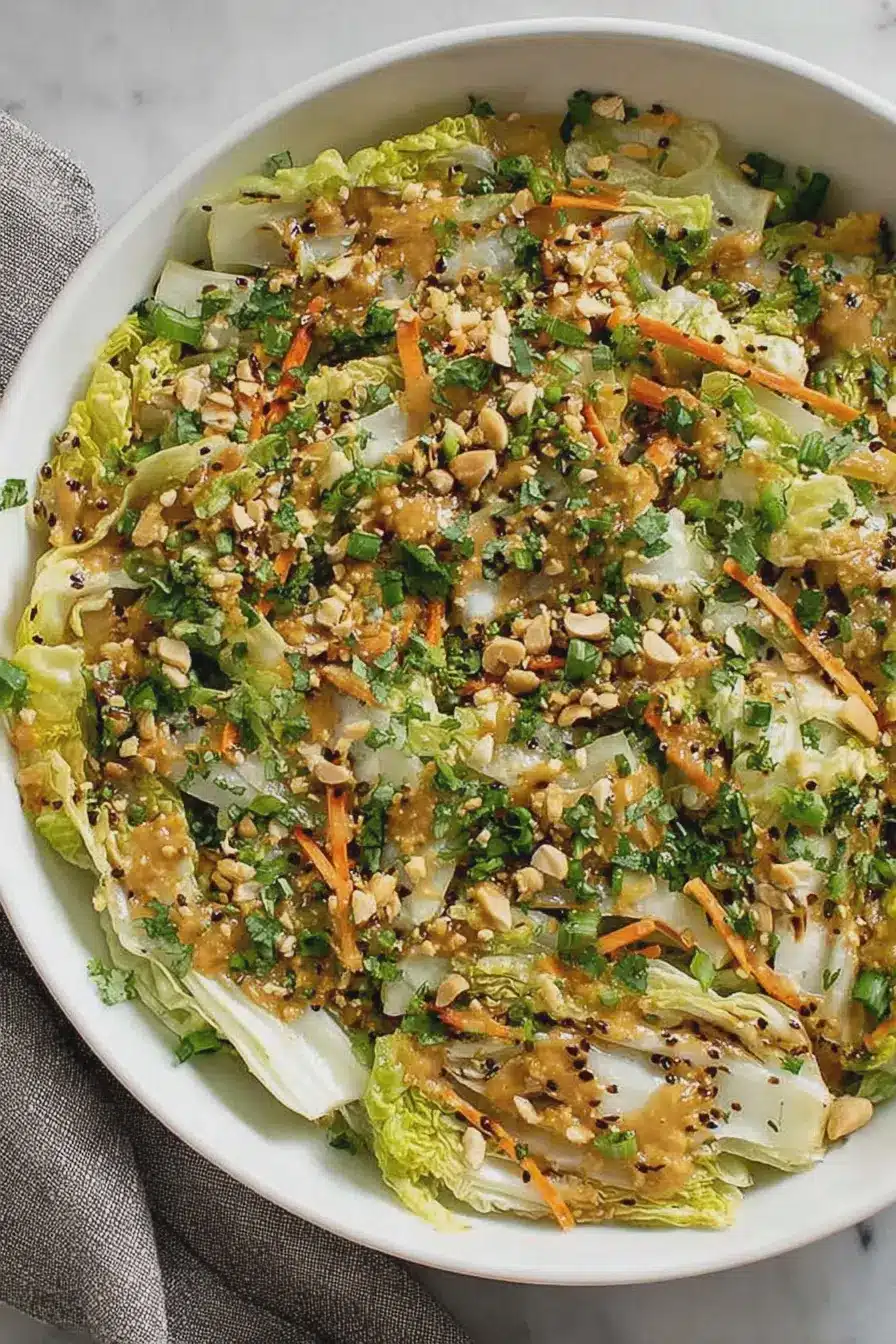 Fresh napa cabbage salad with peanuts and sesame seeds on a wooden table.