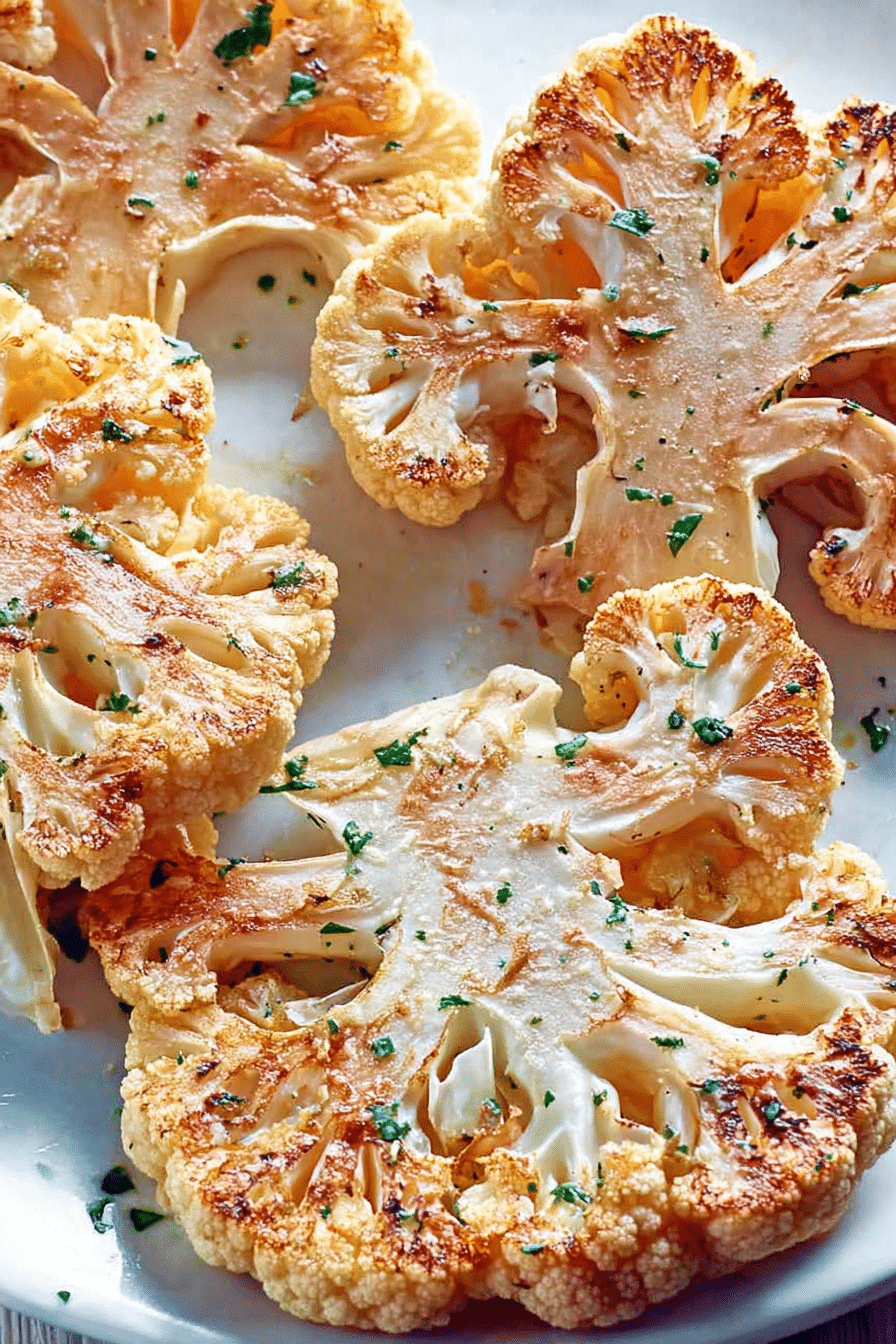 Oven-baked cauliflower steak garnished with fresh herbs on a wooden table.