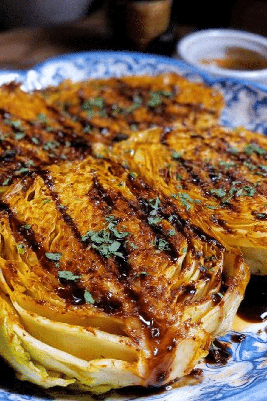 Roasted parmesan garlic cabbage steaks garnished with parsley and balsamic vinegar on a white plate.