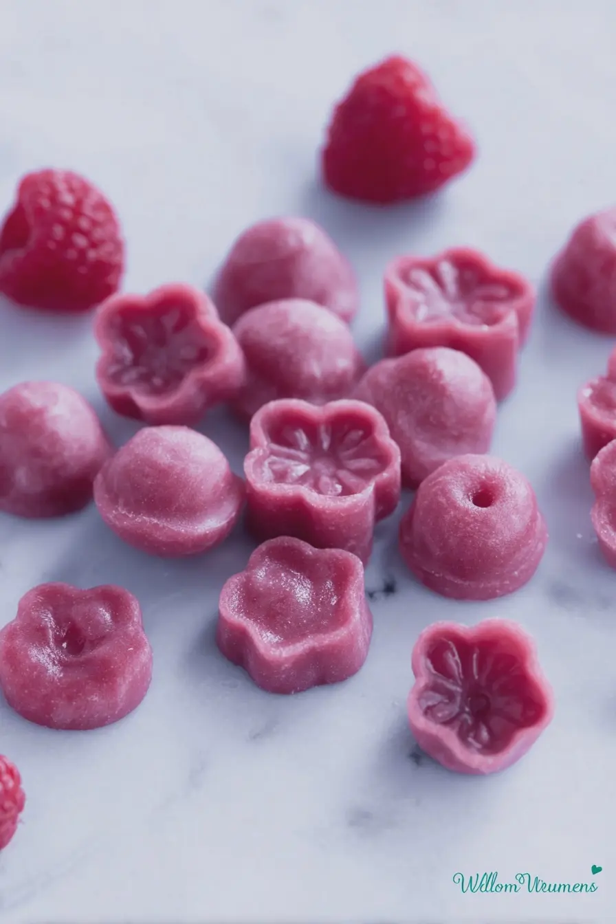 Colorful homemade probiotic gummies made from berries and yogurt, served in a bowl with fresh fruits.