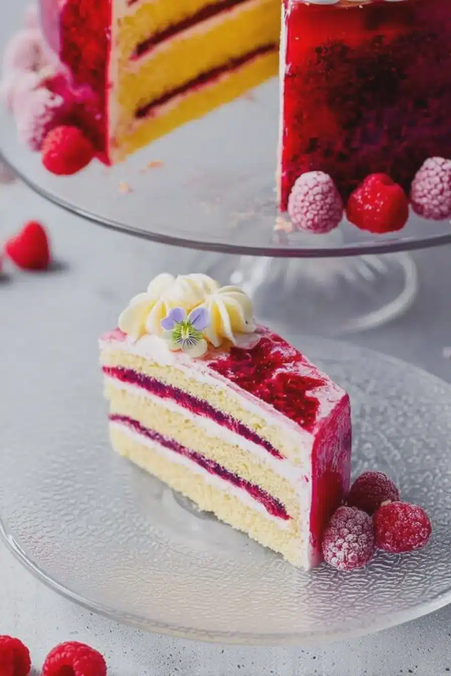 Sliced raspberry cake with cream cheese frosting and raspberry jello layers, topped with fresh raspberries and mint leaves.