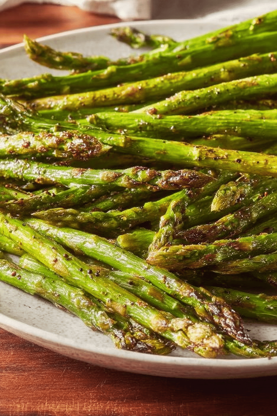 Plate of roasted asparagus garnished with lemon zest on a wooden table in a bright kitchen backdrop.