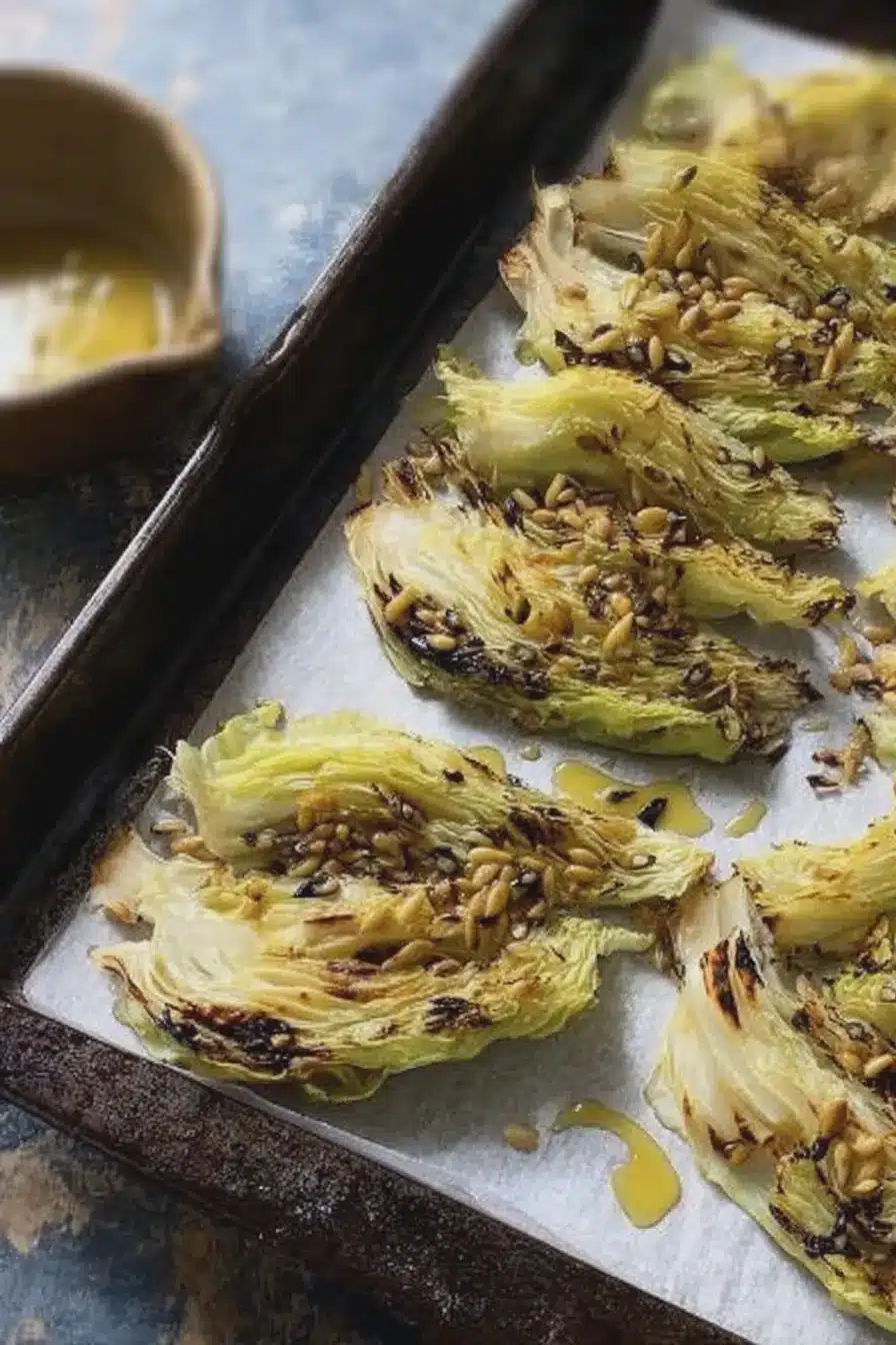 Roasted cabbage wedges with miso ginger scallion butter and chopped pistachios on a white plate.