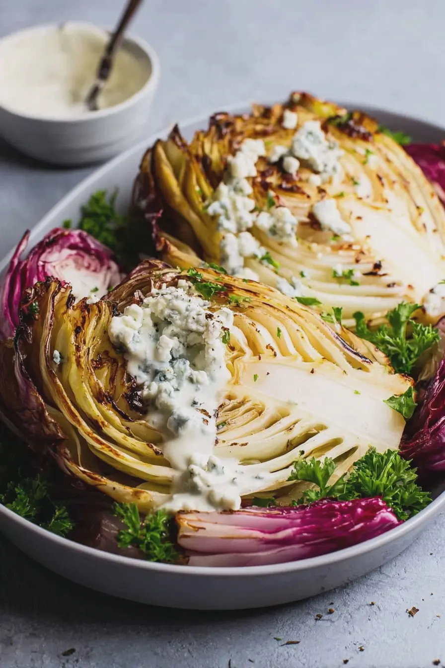 Roasted cabbage wedge topped with blue cheese sauce and fresh parsley, served on a wooden table.