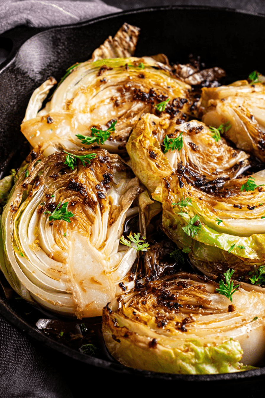 Roasted cabbage wedge with hot honey and red pepper flakes on a wooden table