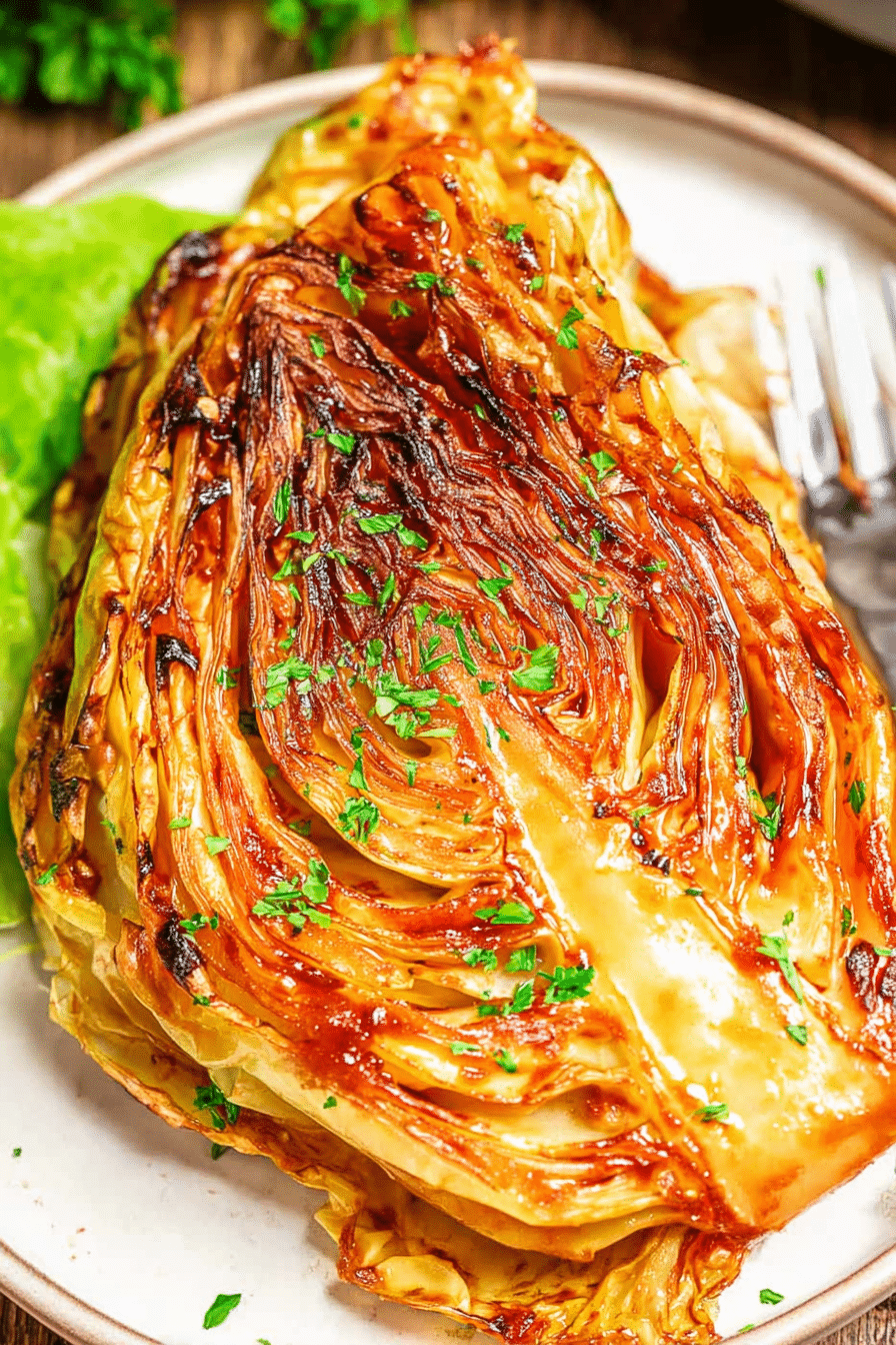 Roasted cabbage with miso butter and red pepper flakes on a wooden table.