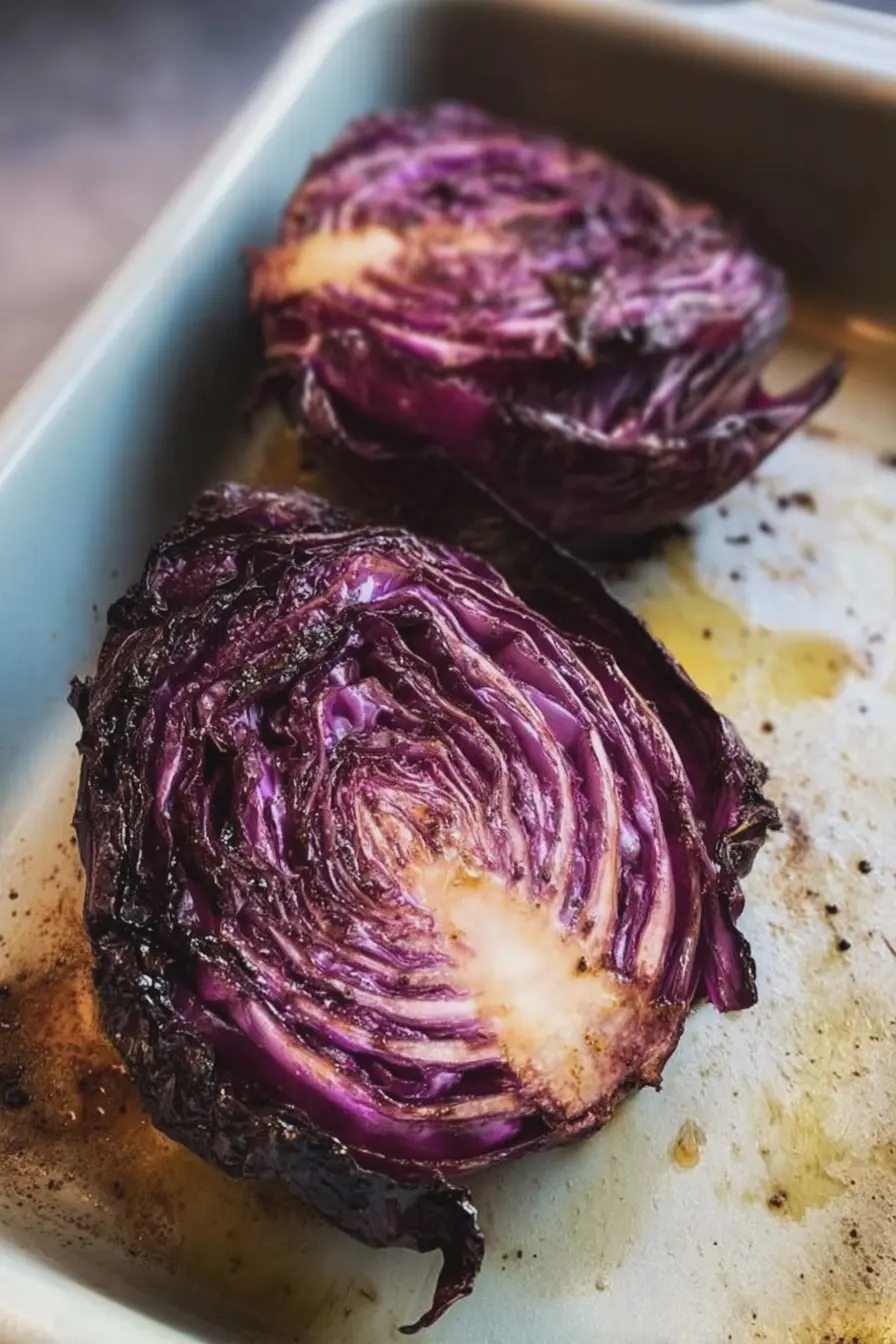 Roasted red cabbage drizzled with balsamic vinegar on a wooden table