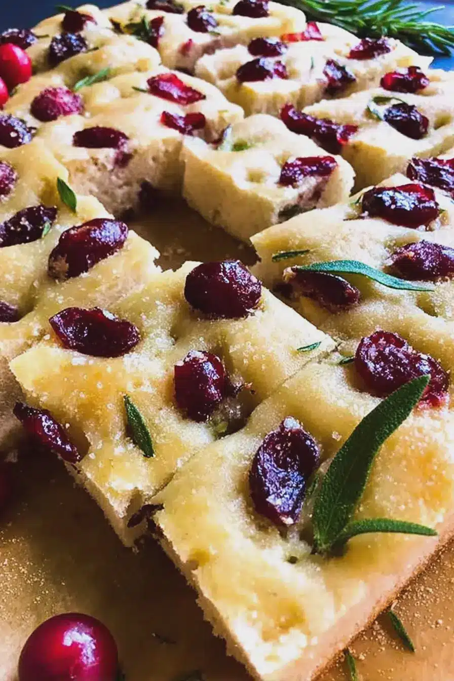 Freshly baked rosemary cherry focaccia bread topped with cherries and rosemary on a wooden table