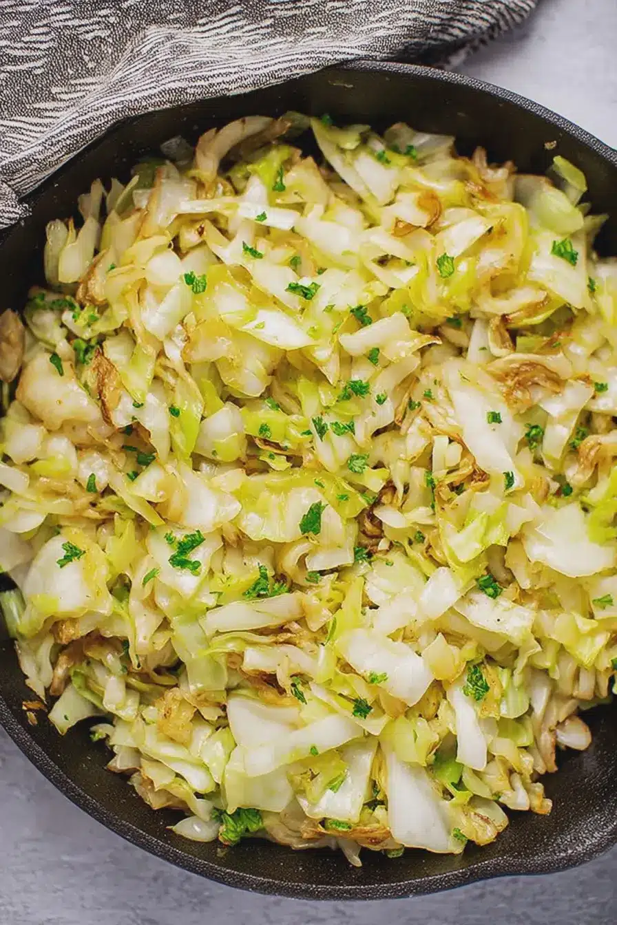 Vibrant sautéed cabbage with lemon and garlic on a plate, garnished with parsley and lemon wedges.