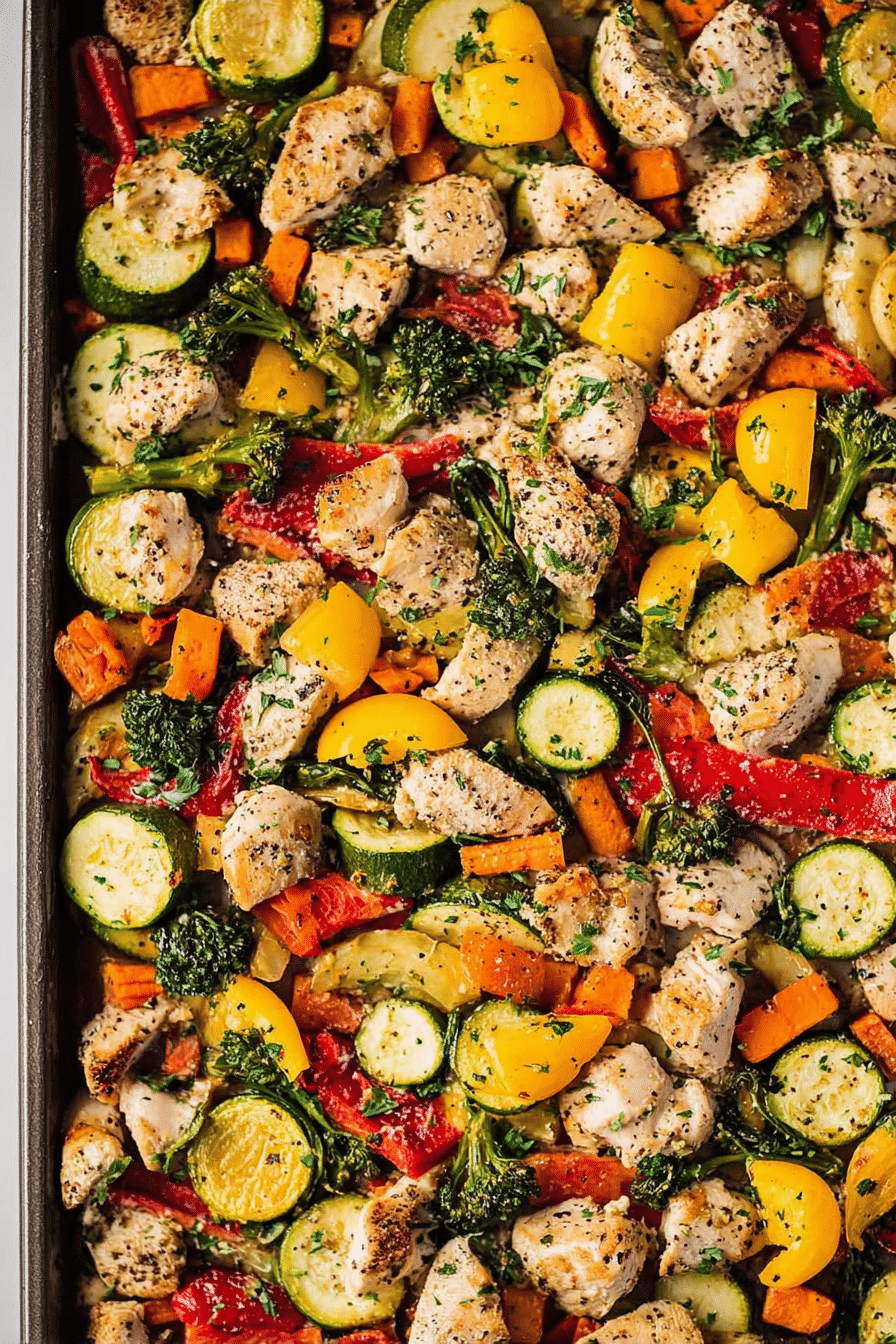 Sheet pan chicken with rainbow vegetables including broccoli, sweet potatoes, and zucchini, garnished with Parmesan, set on a wooden table.