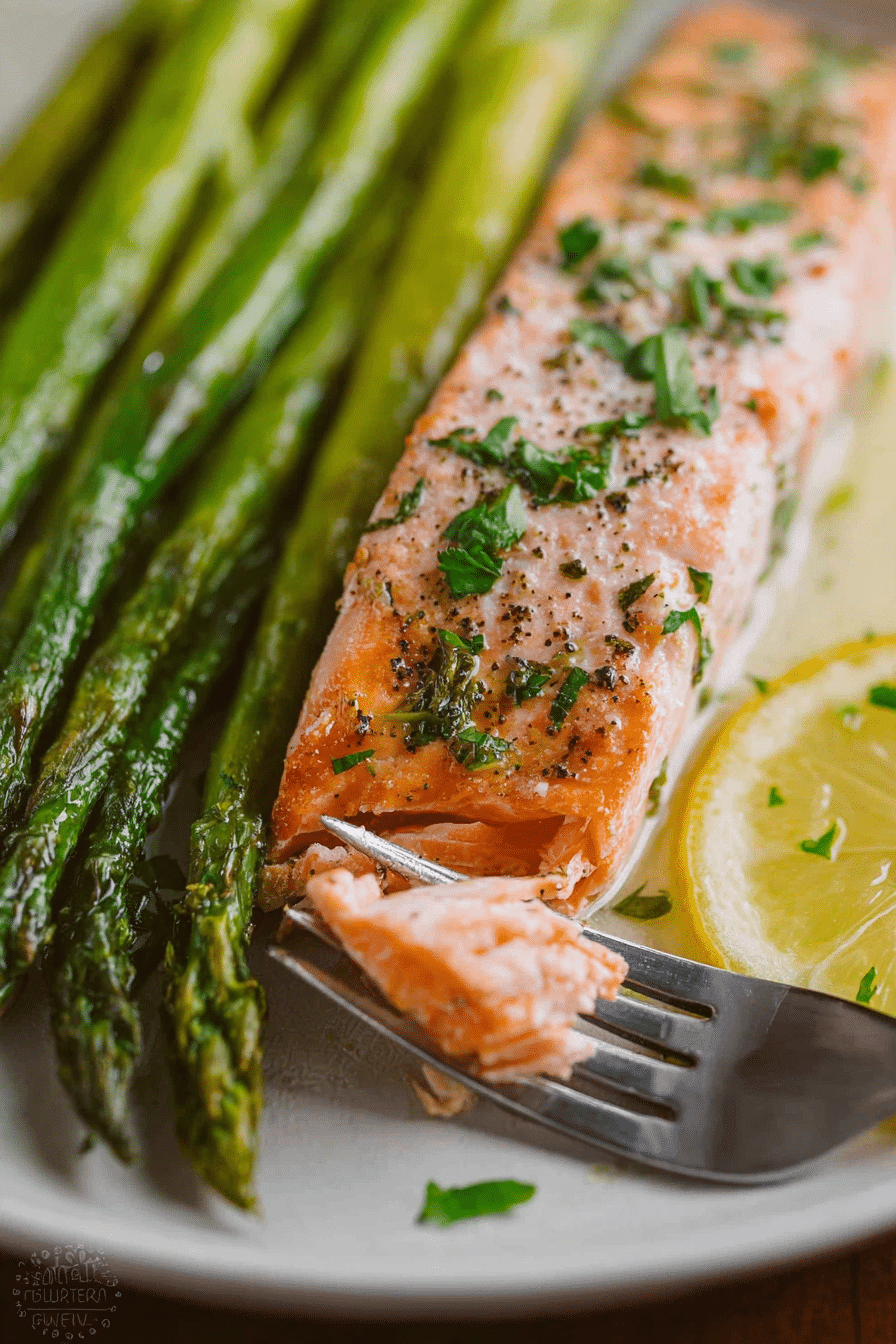 Delicious sheet pan salmon and asparagus dinner with lemon slices and herb butter