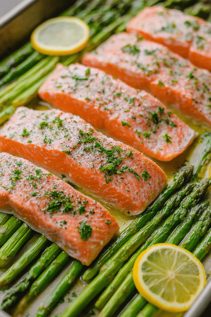 Sheet pan salmon and asparagus garnished with lemon slices and fresh herbs