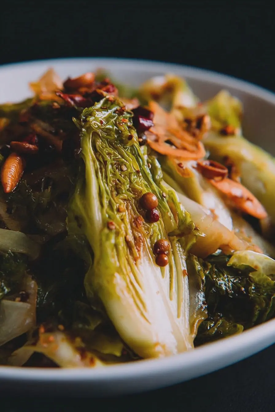 Delicious Sichuan hand-torn cabbage stir-fry with vibrant colors and authentic ingredients.