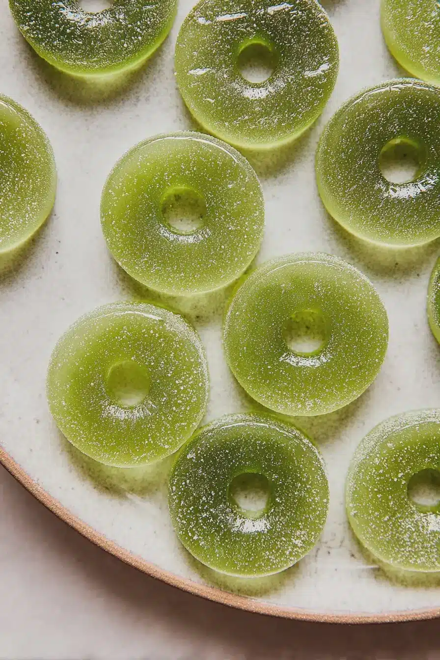 Close-up of homemade sour apple ring gummies in a bowl on a wooden table, showcasing their vibrant green color.