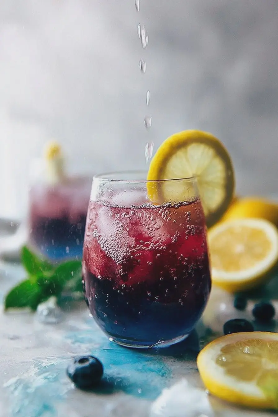 Sparkling blueberry lemonade in a glass with blueberries and lemon slices