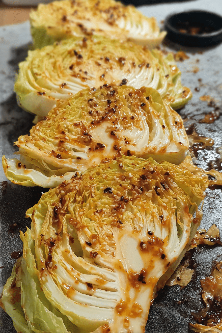Plated spicy baked cabbage with herbs and sauce, highlighting the vibrant and spicy flavors of the dish