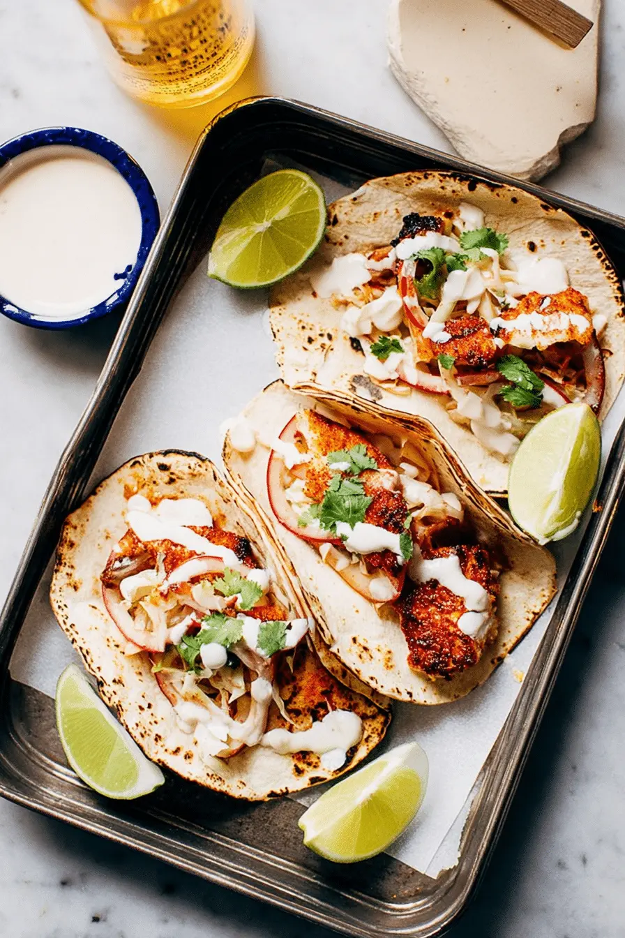 My Quick Spicy Fish Tacos with Cabbage Slaw & Lime Crema