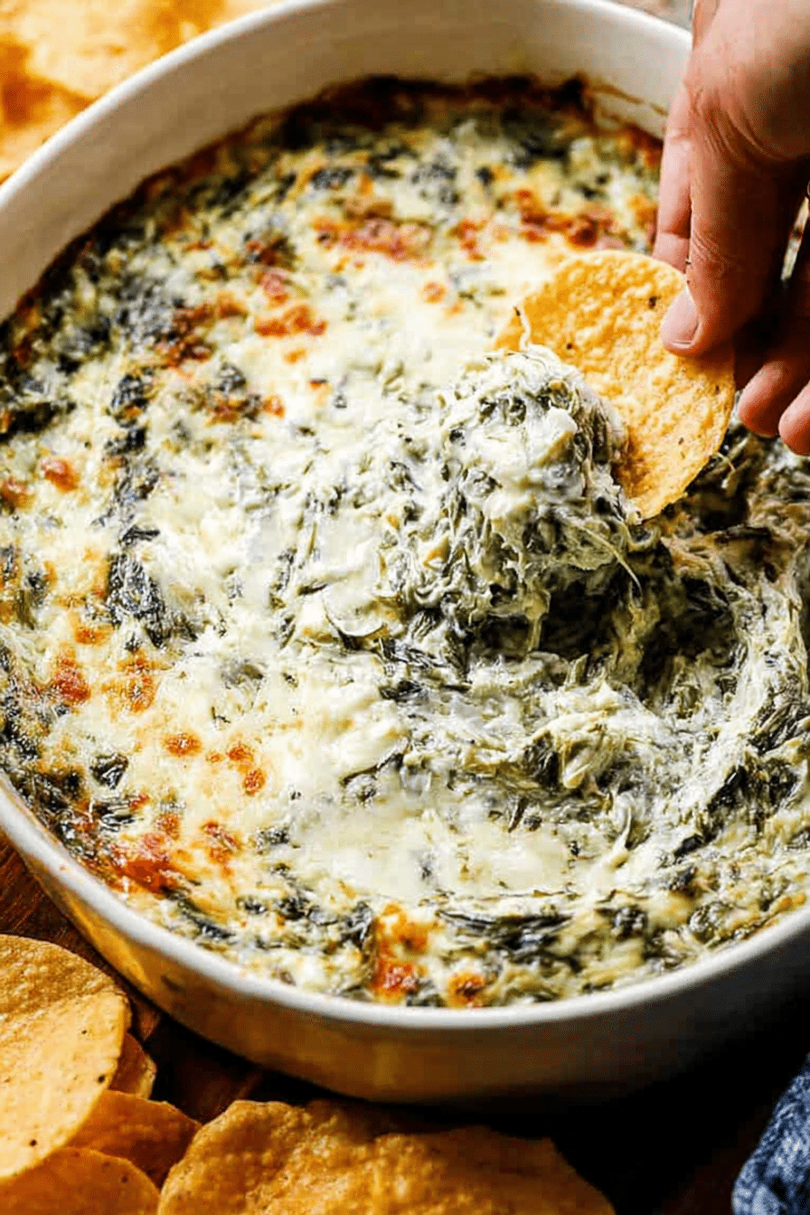 Deliciously baked spinach artichoke dip served in a ceramic dish with crispy crackers and sliced baguette.