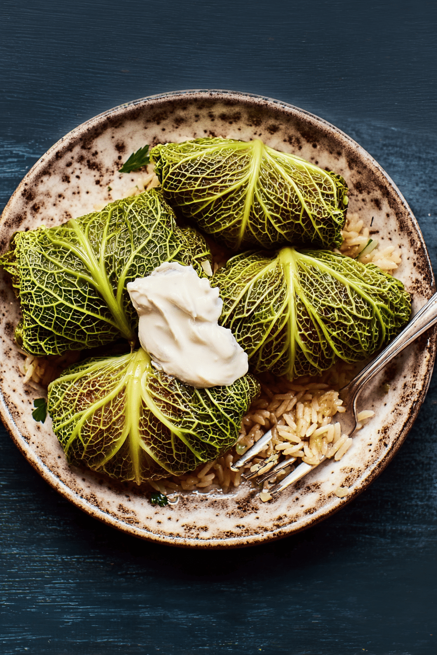 Delicious stuffed cabbage rolls filled with rice and herbs, served with sour cream on a rustic wooden table.