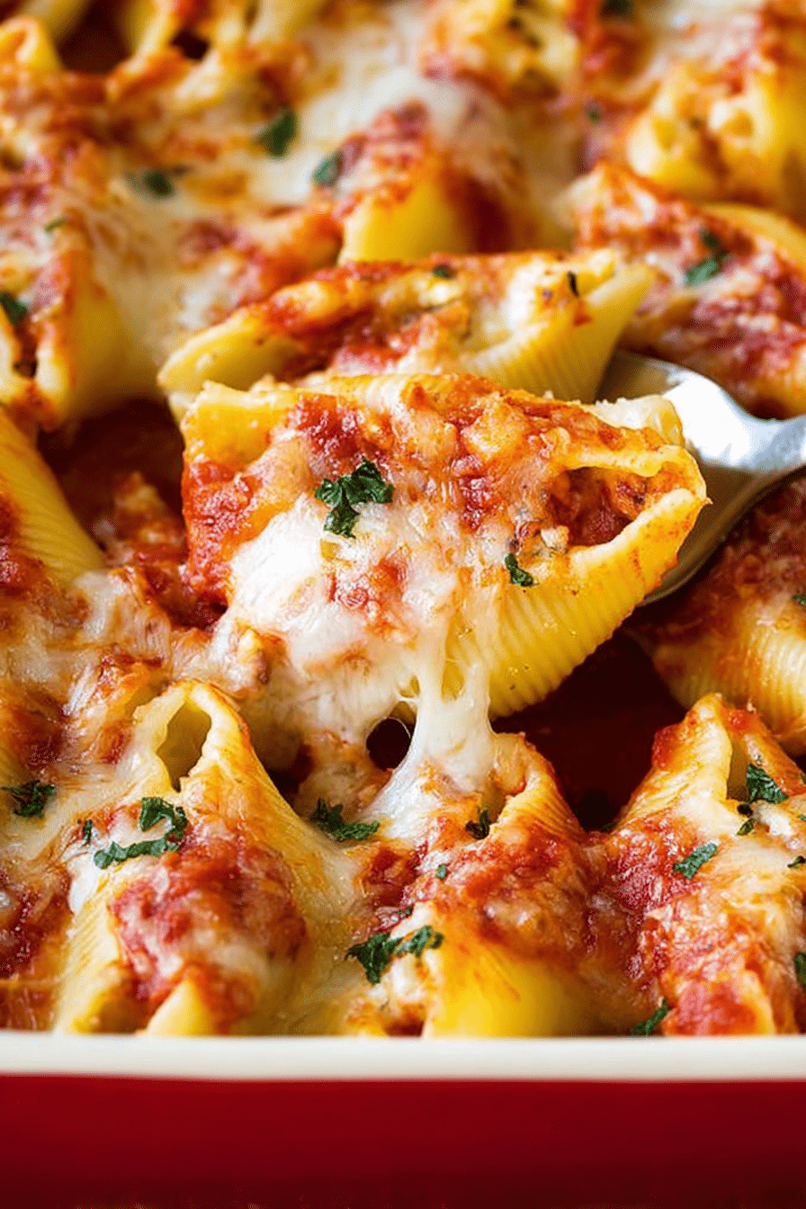 Close-up of cheesy baked stuffed shells in marinara sauce, highlighting the goodness of the filling and melted cheese.