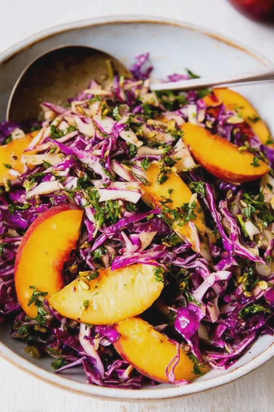 Fresh summer slaw with peaches and parsley served in a bowl, topped with sunflower seeds on a wooden table.