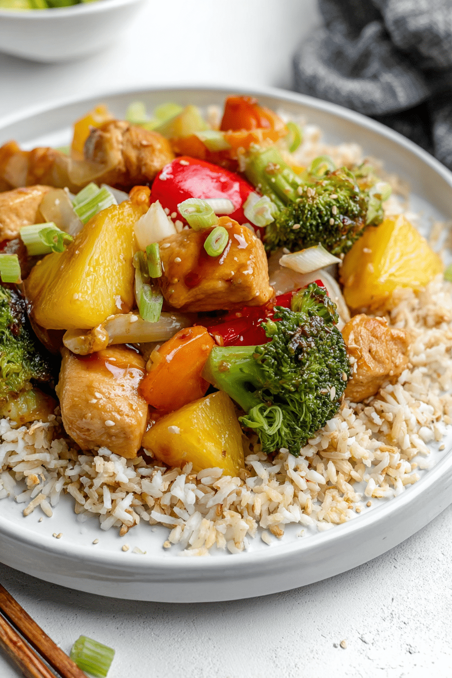 Sweet and sour pineapple broccoli chicken stir fry in a bowl with brown rice and scallions.
