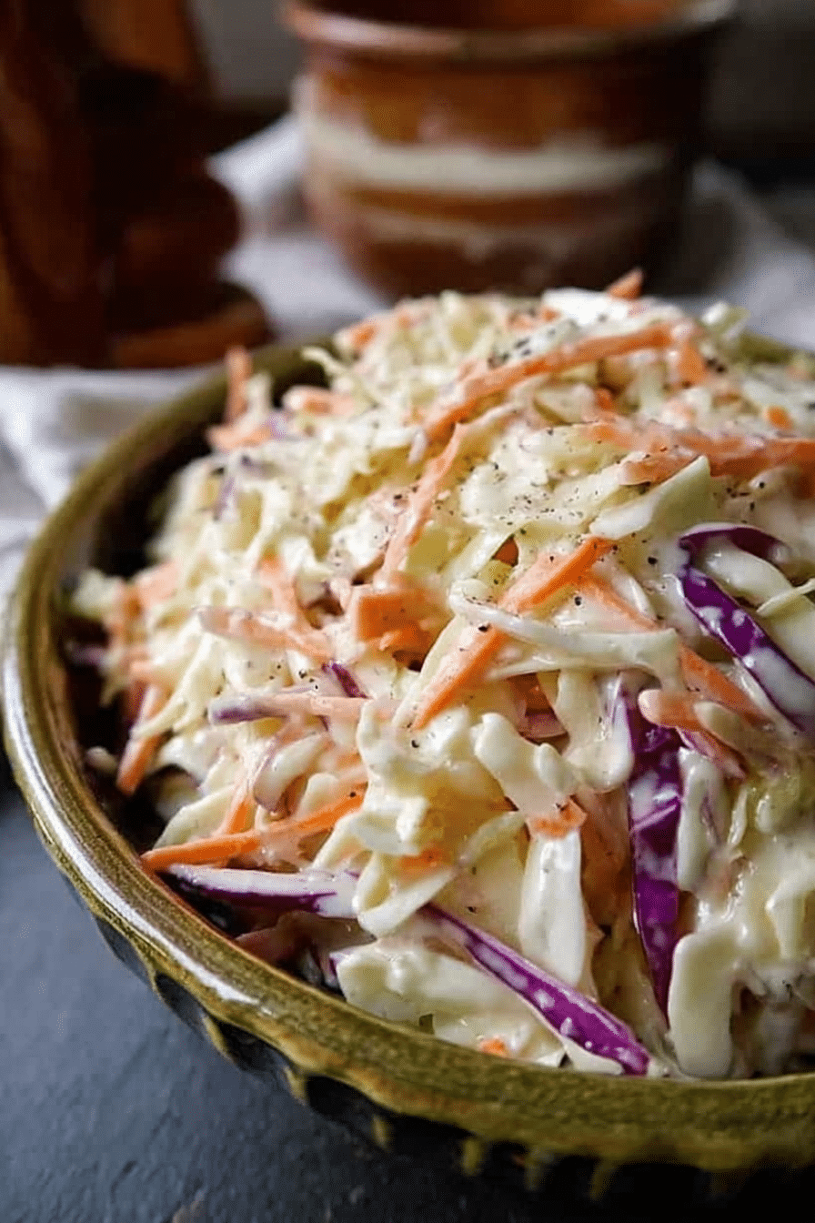 Close-up of old-fashioned creamy coleslaw in a wooden bowl with parsley garnish.