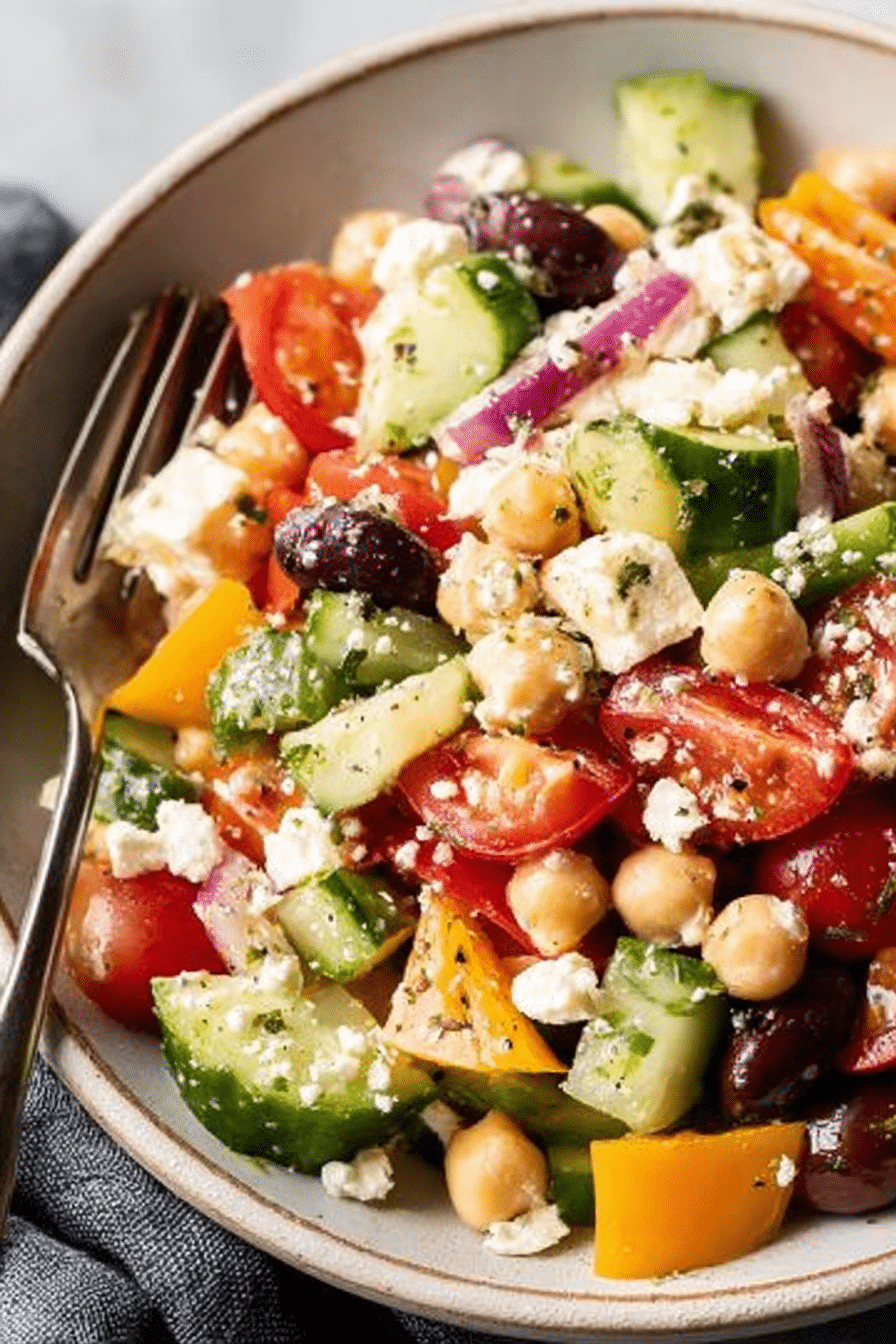Vibrant chickpea Greek salad with colorful vegetables and feta cheese in a bowl