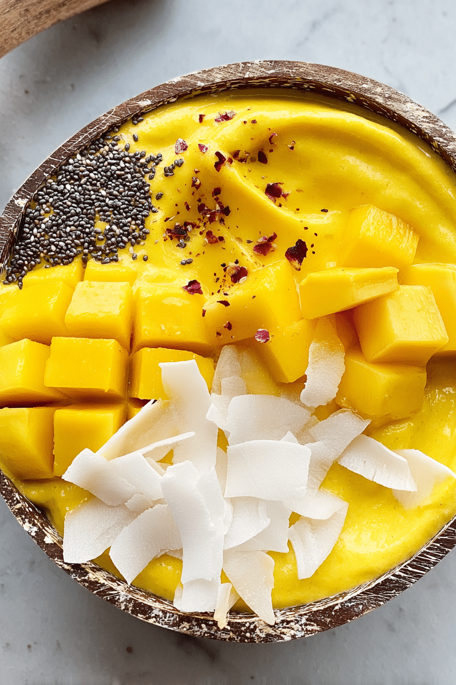 Thick mango smoothie bowl with fresh mango slices and toppings on a counter