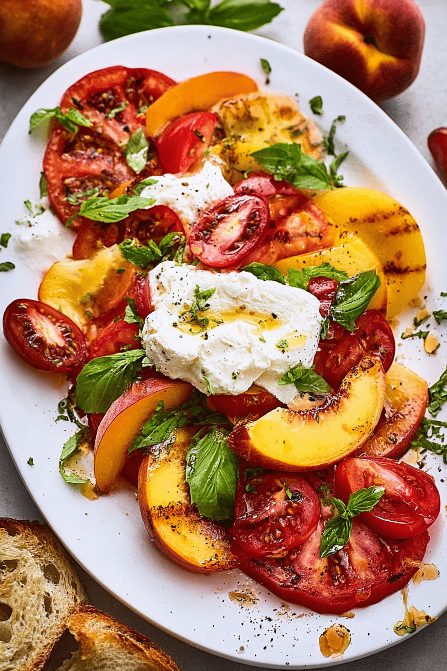 Fresh tomato peach burrata salad with heirloom tomatoes, ripe peaches, and creamy burrata cheese on a rustic wooden background.