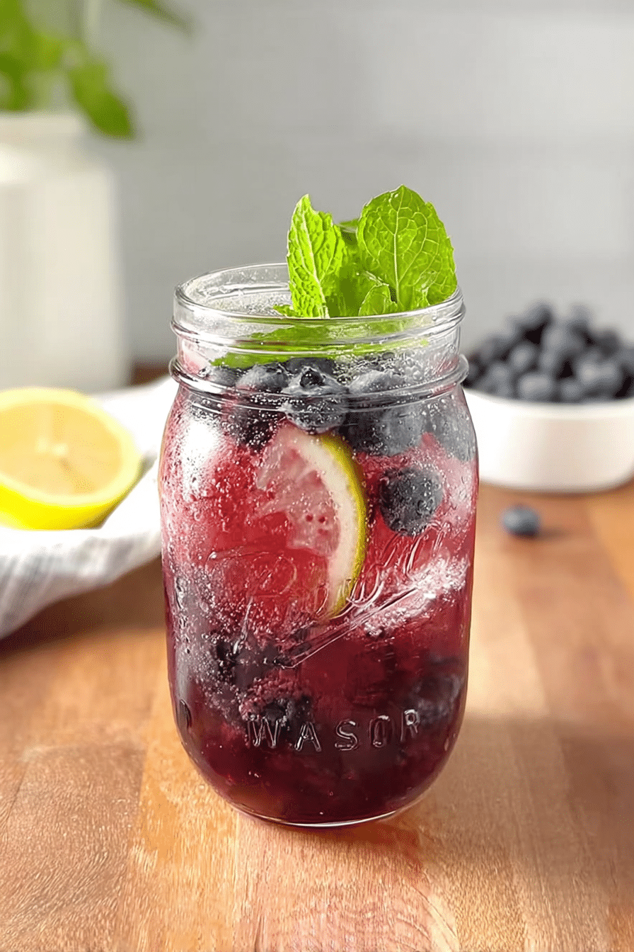 A glass of wild blueberry water with mint and lemon slice on a wooden table