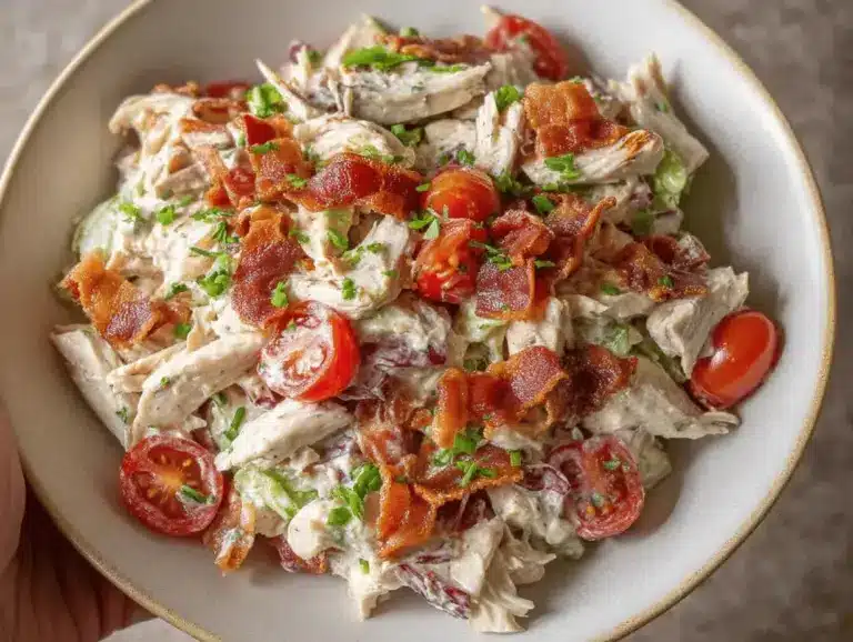 Delicious BLT Chicken Salad with bacon, lettuce, tomatoes, and grilled chicken served in a bowl.