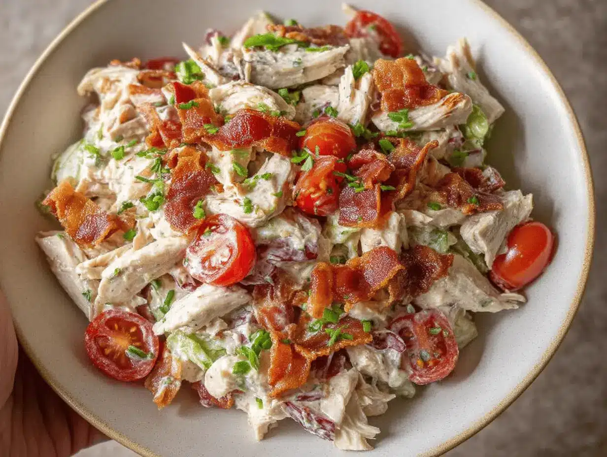 Delicious BLT Chicken Salad with bacon, lettuce, tomatoes, and grilled chicken served in a bowl.