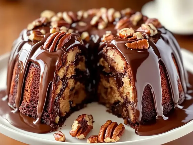 Decadent German chocolate pecan pound cake slice served with coffee and pecans on a wooden table