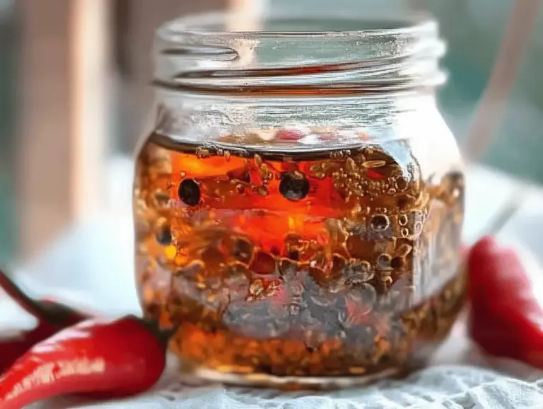 Homemade hot pepper jelly in a jar with fresh peppers, perfect for cheese platters and gifting.