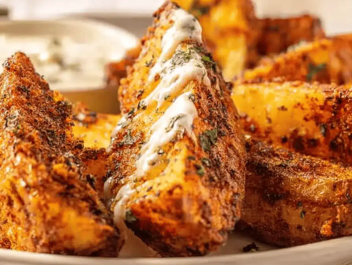 Crispy seasoned baked potato wedges on a wooden platter with garlic aioli dipping sauce.