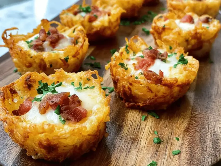 Delicious tater tot appetizer cups filled with cheese and bacon, perfect for party snacks.